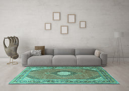 Machine Washable Medallion Turquoise Traditional Area Rugs in a Living Room,, wshtr322turq