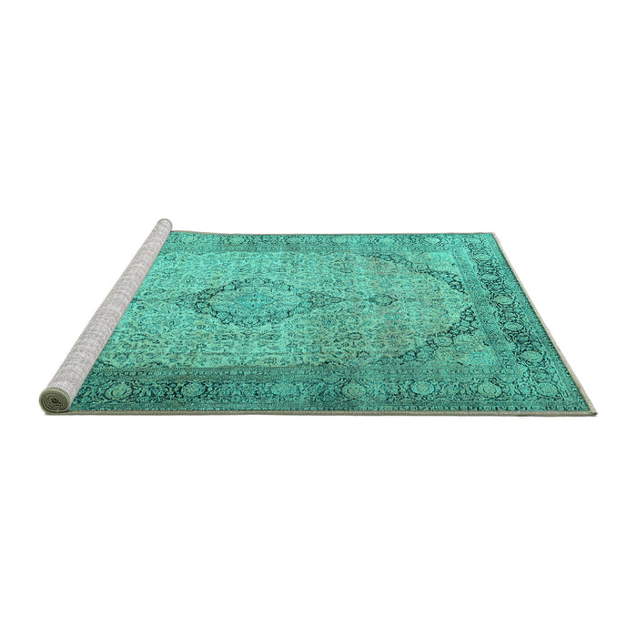 Sideview of Machine Washable Persian Turquoise Traditional Area Rugs, wshtr3290turq