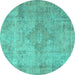 Round Machine Washable Persian Turquoise Traditional Area Rugs, wshtr3291turq