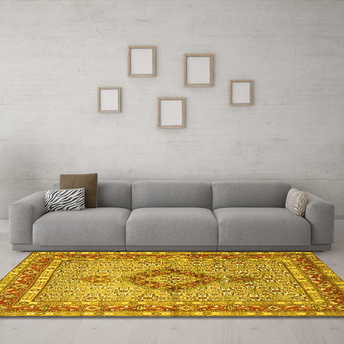 Machine Washable Persian Yellow Traditional Rug in a Living Room, wshtr3293yw