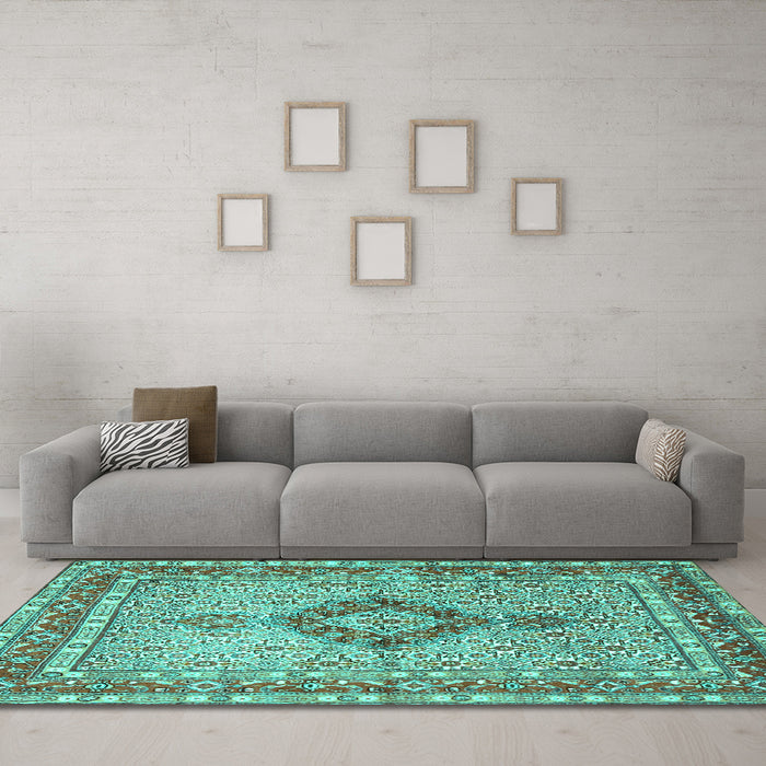 Machine Washable Persian Turquoise Traditional Area Rugs in a Living Room,, wshtr3293turq
