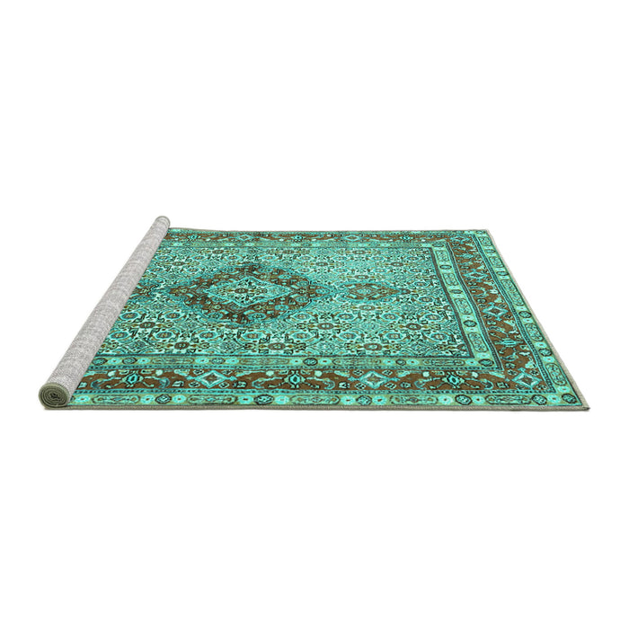 Sideview of Machine Washable Persian Turquoise Traditional Area Rugs, wshtr3293turq