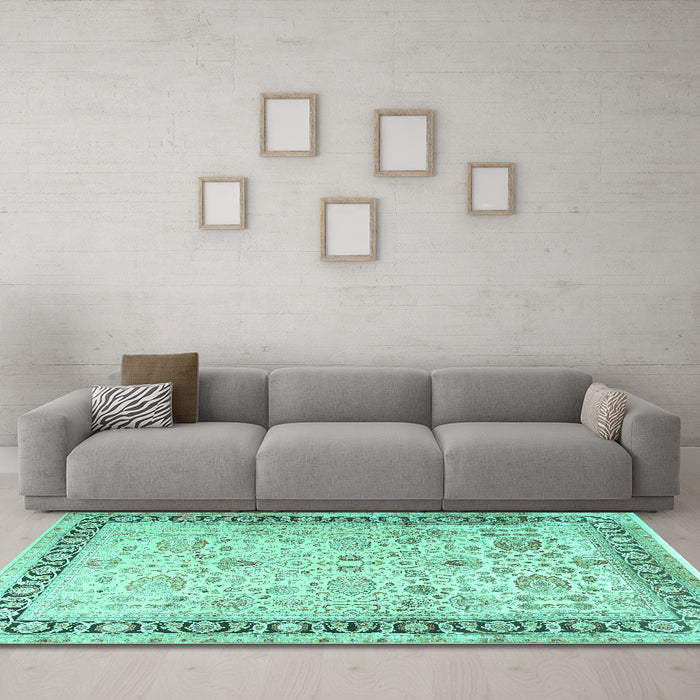 Machine Washable Persian Turquoise Traditional Area Rugs in a Living Room,, wshtr3297turq