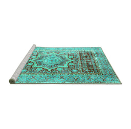 Sideview of Machine Washable Persian Turquoise Traditional Area Rugs, wshtr330turq