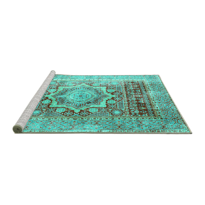 Sideview of Machine Washable Persian Turquoise Traditional Area Rugs, wshtr330turq