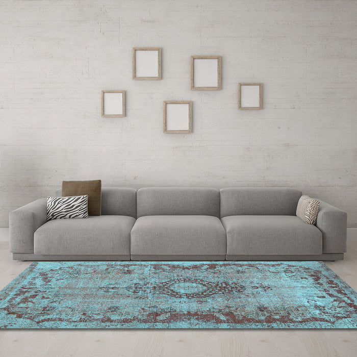 Machine Washable Medallion Light Blue Traditional Rug in a Living Room, wshtr3312lblu