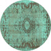 Round Machine Washable Medallion Turquoise Traditional Area Rugs, wshtr3312turq