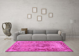 Machine Washable Medallion Pink Traditional Rug in a Living Room, wshtr3312pnk