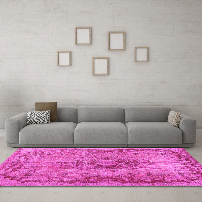 Machine Washable Medallion Pink Traditional Rug in a Living Room, wshtr3312pnk