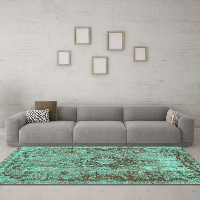 Machine Washable Medallion Turquoise Traditional Area Rugs in a Living Room,, wshtr3312turq