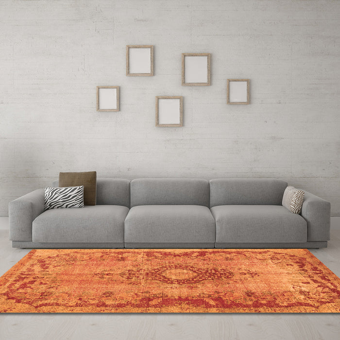 Machine Washable Medallion Orange Traditional Area Rugs in a Living Room, wshtr3312org