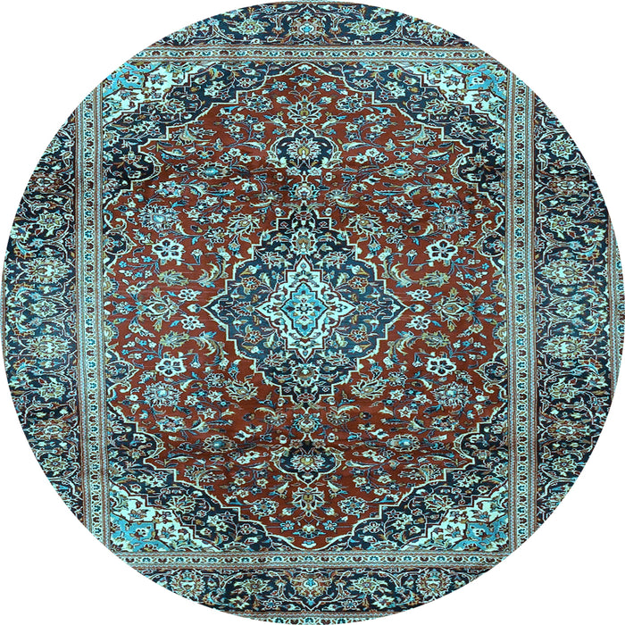 Round Machine Washable Medallion Light Blue Traditional Rug, wshtr3319lblu