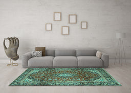 Machine Washable Medallion Turquoise Traditional Area Rugs in a Living Room,, wshtr3319turq