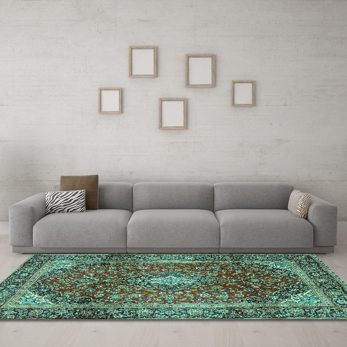 Machine Washable Medallion Turquoise Traditional Area Rugs in a Living Room,, wshtr3319turq
