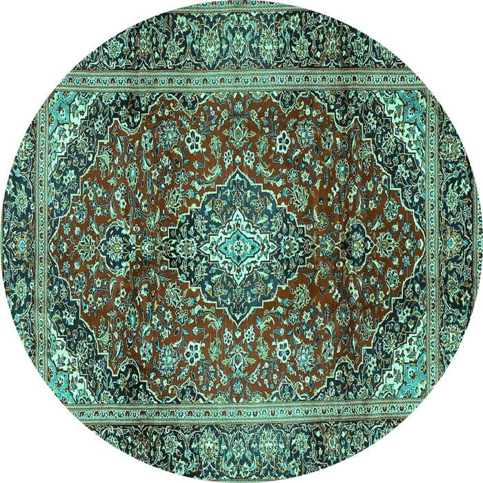 Round Machine Washable Medallion Turquoise Traditional Area Rugs, wshtr3319turq