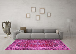 Machine Washable Medallion Pink Traditional Rug in a Living Room, wshtr3319pnk