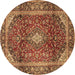 Round Machine Washable Medallion Brown Traditional Rug, wshtr3319brn