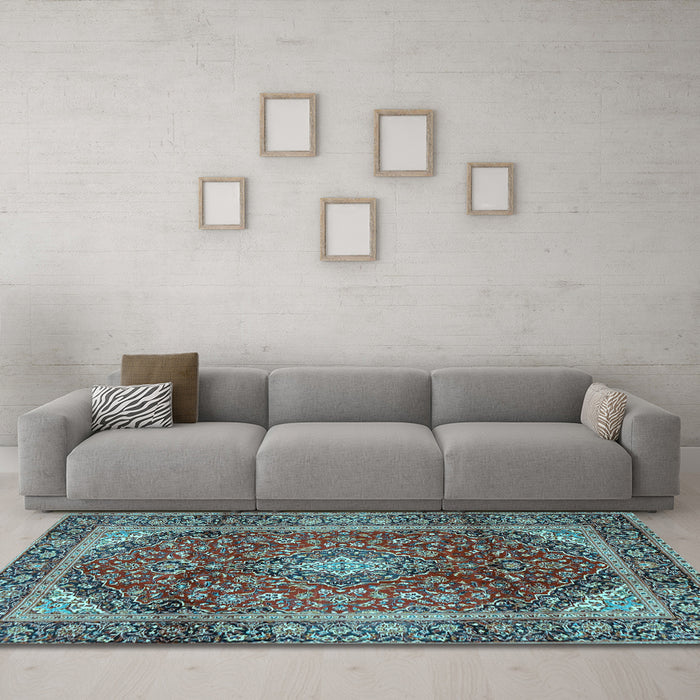 Machine Washable Medallion Light Blue Traditional Rug in a Living Room, wshtr3319lblu