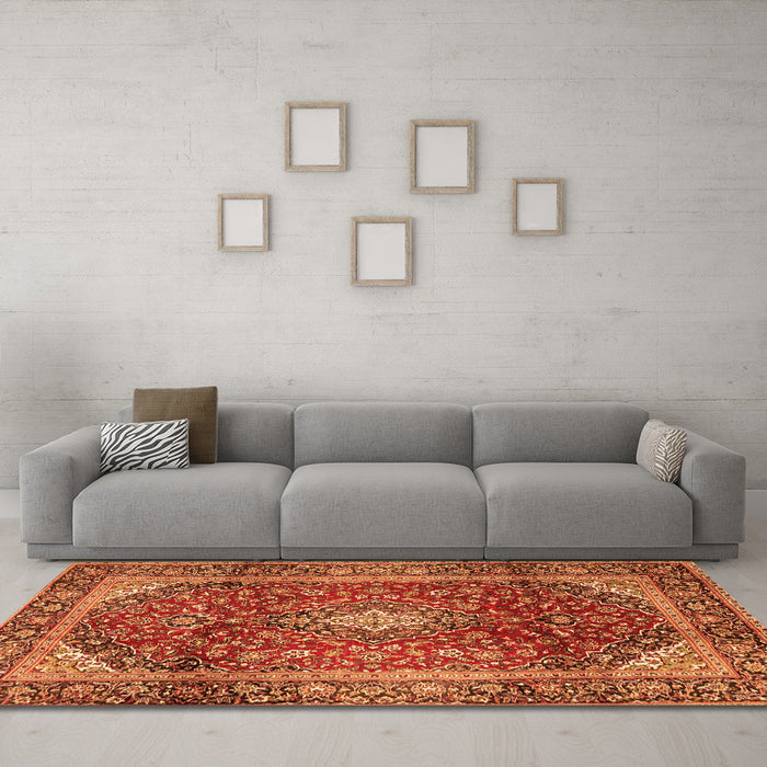 Machine Washable Medallion Orange Traditional Area Rugs in a Living Room, wshtr3319org