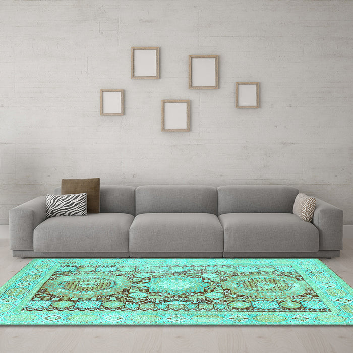 Machine Washable Persian Turquoise Traditional Area Rugs in a Living Room,, wshtr331turq