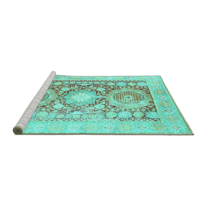 Sideview of Machine Washable Persian Turquoise Traditional Area Rugs, wshtr331turq
