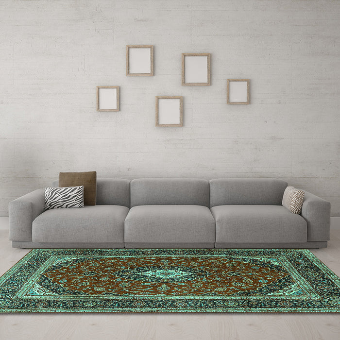 Machine Washable Persian Turquoise Traditional Area Rugs in a Living Room,, wshtr3320turq