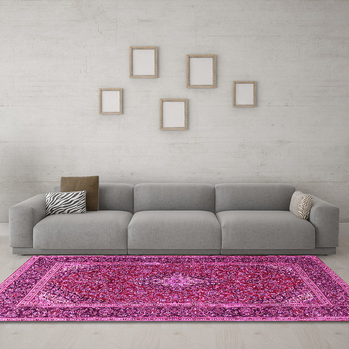 Machine Washable Medallion Pink Traditional Rug in a Living Room, wshtr3323pnk