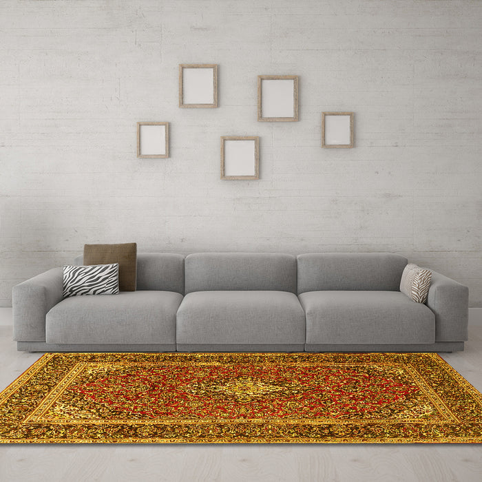 Machine Washable Medallion Yellow Traditional Rug in a Living Room, wshtr3323yw
