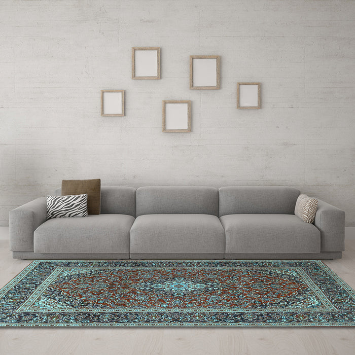 Machine Washable Medallion Light Blue Traditional Rug in a Living Room, wshtr3323lblu
