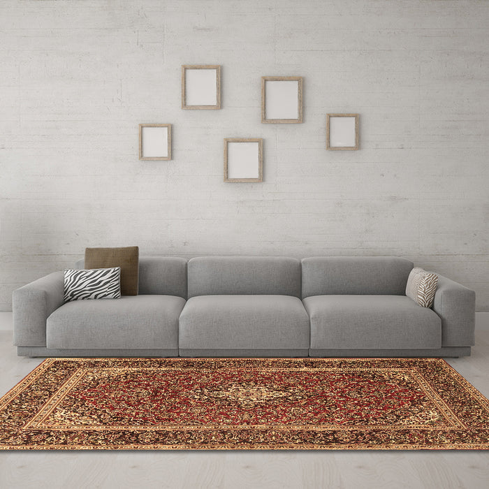 Machine Washable Medallion Brown Traditional Rug in a Living Room,, wshtr3323brn