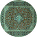 Round Machine Washable Medallion Turquoise Traditional Area Rugs, wshtr3323turq