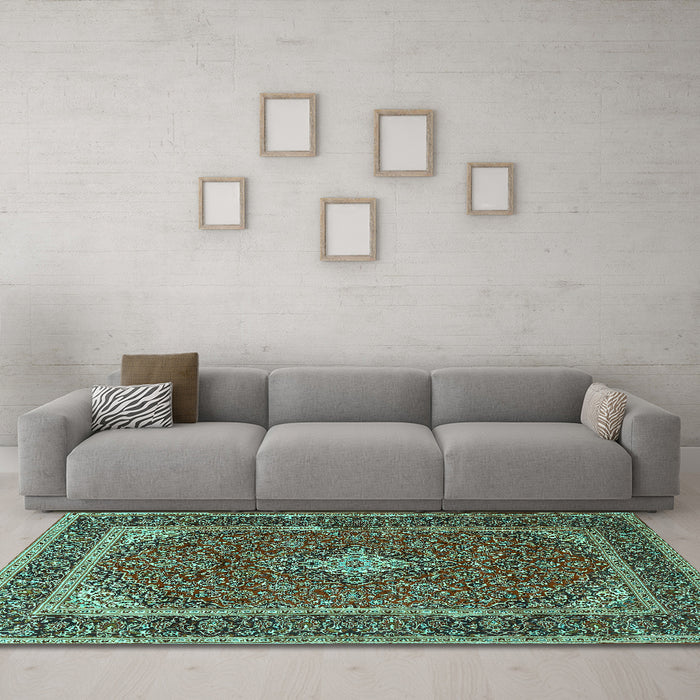 Machine Washable Medallion Turquoise Traditional Area Rugs in a Living Room,, wshtr3323turq