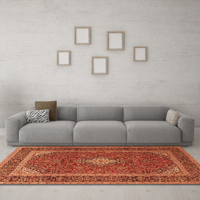 Machine Washable Medallion Orange Traditional Area Rugs in a Living Room, wshtr3323org