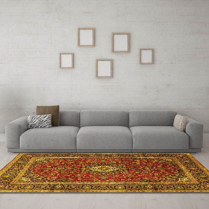 Machine Washable Medallion Yellow Traditional Rug in a Living Room, wshtr3325yw