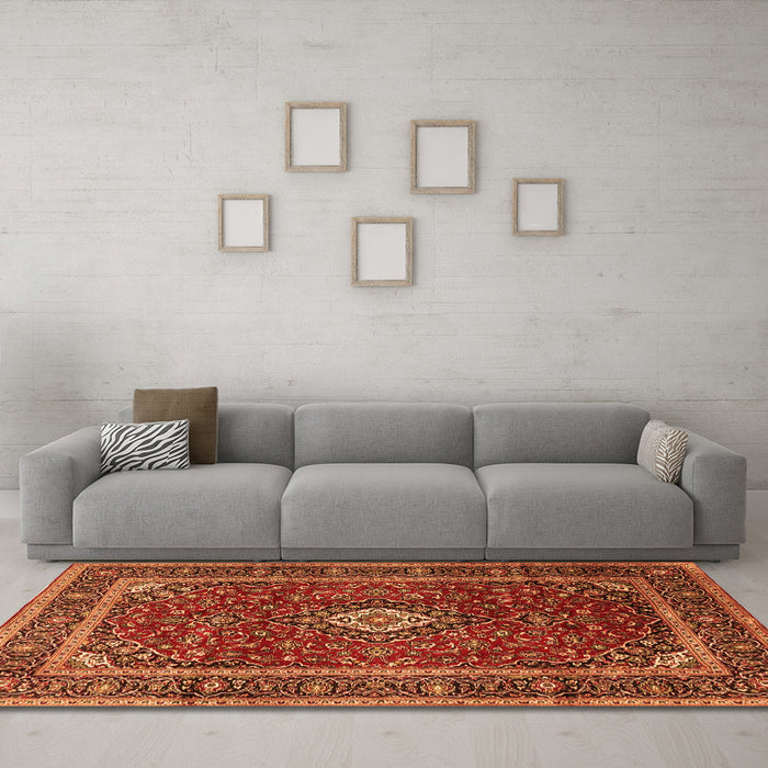 Machine Washable Medallion Orange Traditional Area Rugs in a Living Room, wshtr3325org