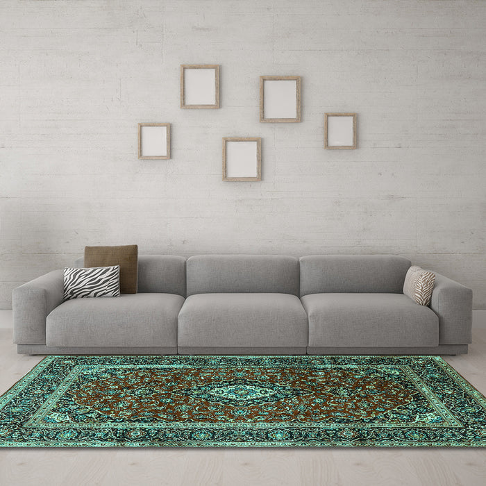 Machine Washable Medallion Turquoise Traditional Area Rugs in a Living Room,, wshtr3325turq