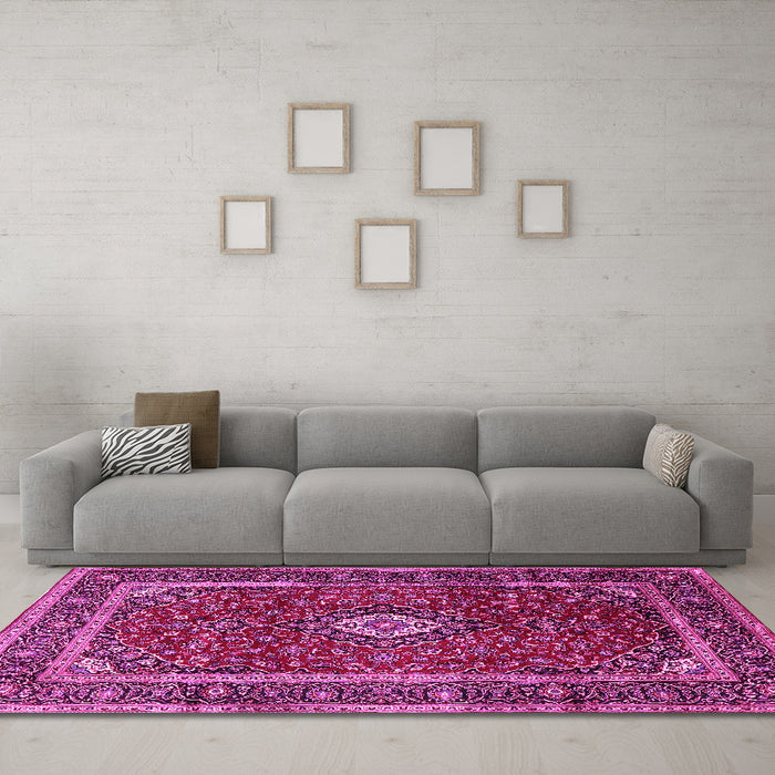 Machine Washable Medallion Pink Traditional Rug in a Living Room, wshtr3325pnk
