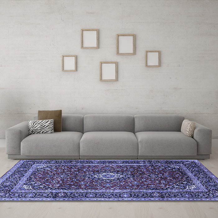 Machine Washable Medallion Blue Traditional Rug in a Living Room, wshtr3325blu