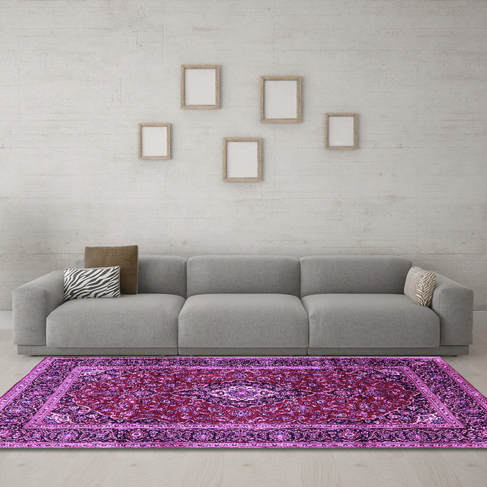 Machine Washable Medallion Purple Traditional Area Rugs in a Living Room, wshtr3325pur