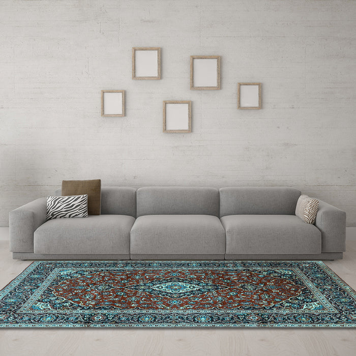 Machine Washable Medallion Light Blue Traditional Rug in a Living Room, wshtr3325lblu
