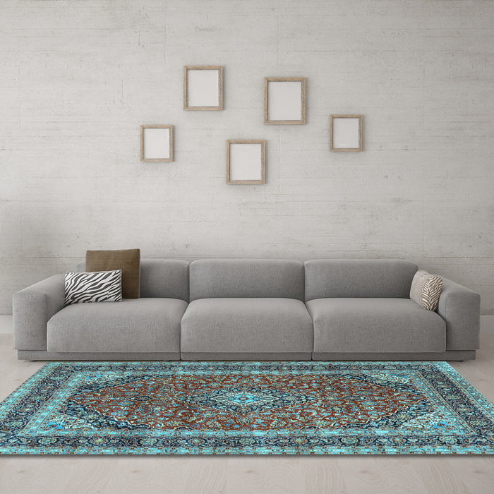 Machine Washable Medallion Light Blue Traditional Rug in a Living Room, wshtr3326lblu