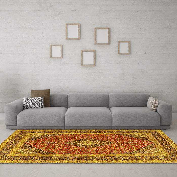 Machine Washable Medallion Yellow Traditional Rug in a Living Room, wshtr3326yw