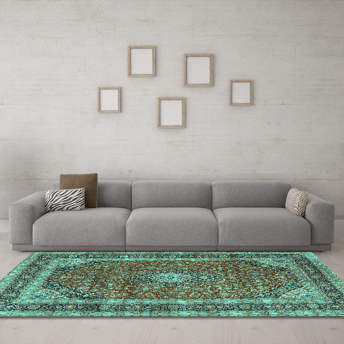 Machine Washable Medallion Turquoise Traditional Area Rugs in a Living Room,, wshtr3326turq