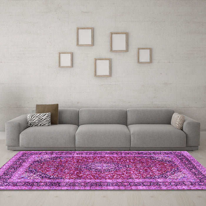 Machine Washable Medallion Purple Traditional Area Rugs in a Living Room, wshtr3326pur