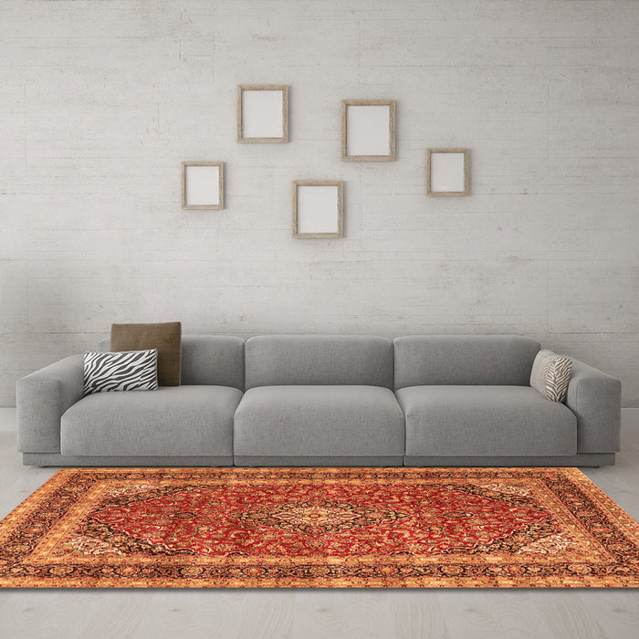 Machine Washable Medallion Orange Traditional Area Rugs in a Living Room, wshtr3326org