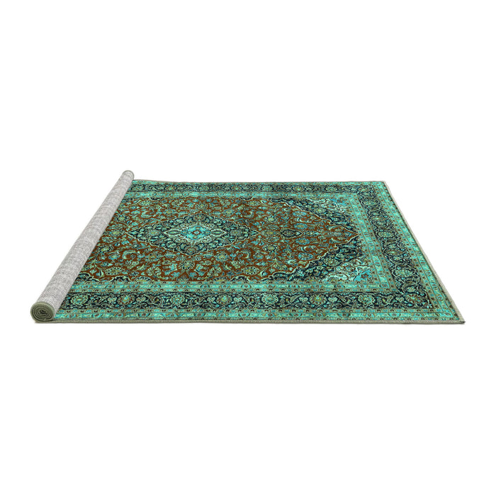 Sideview of Machine Washable Medallion Turquoise Traditional Area Rugs, wshtr3326turq