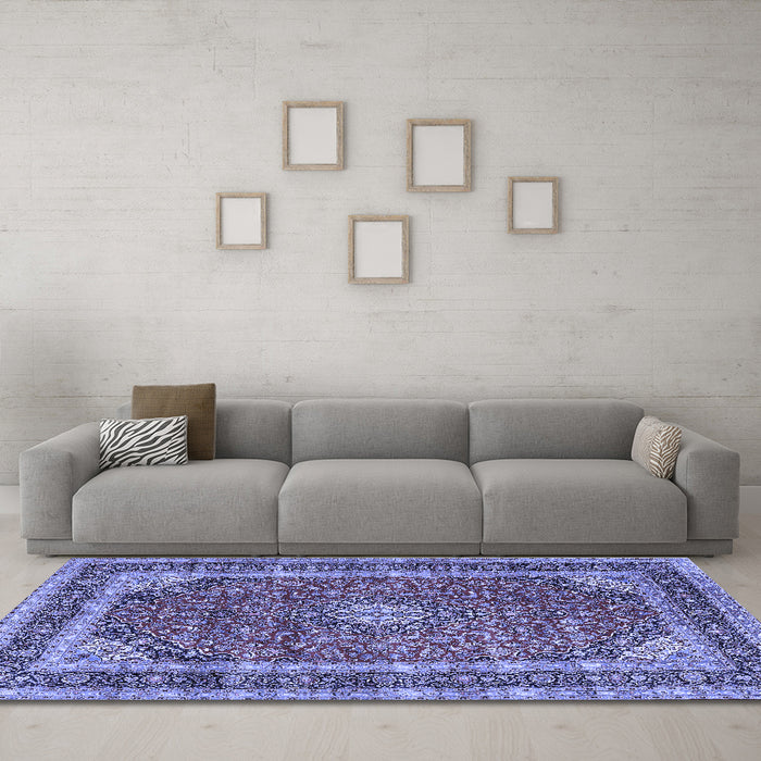 Machine Washable Medallion Blue Traditional Rug in a Living Room, wshtr3326blu