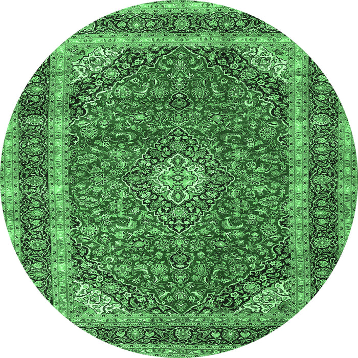 Round Machine Washable Medallion Emerald Green Traditional Area Rugs, wshtr3326emgrn