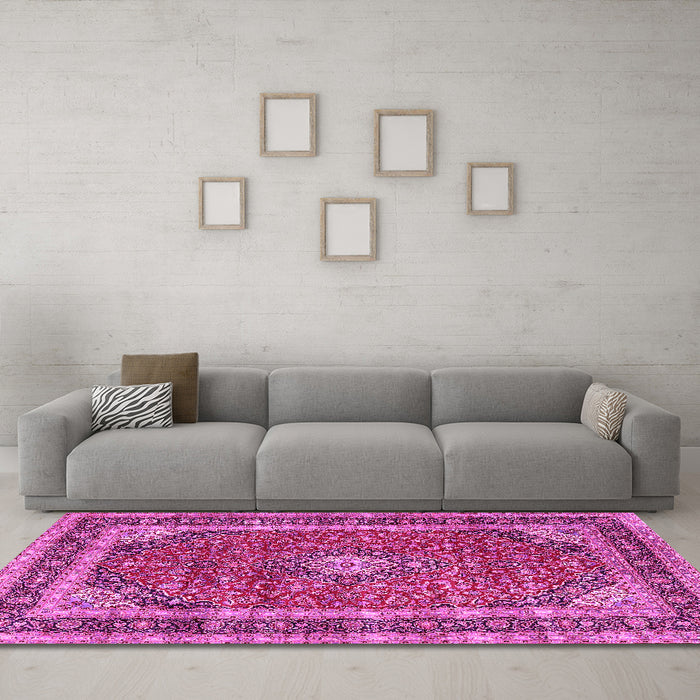 Machine Washable Medallion Pink Traditional Rug in a Living Room, wshtr3326pnk