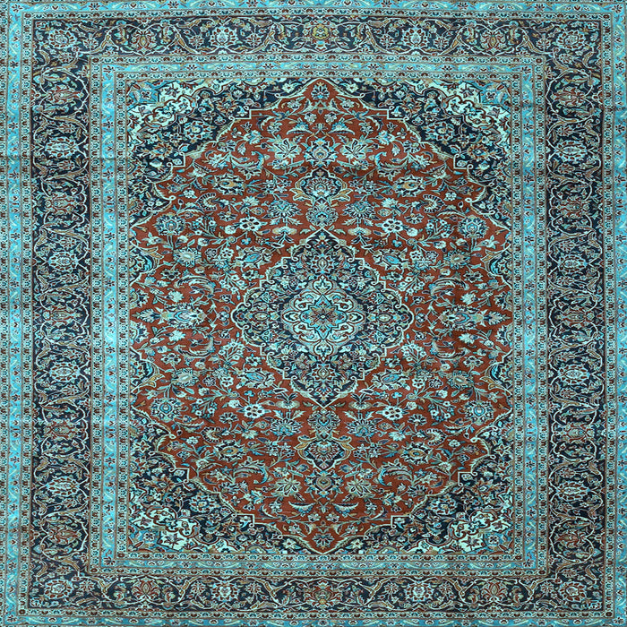 Square Machine Washable Medallion Light Blue Traditional Rug, wshtr3327lblu